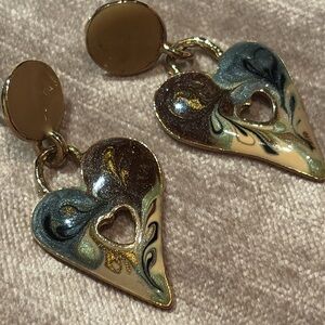 Elegant Guilloche Gold and Silver Heart Earrings with Swirl Enamel Design